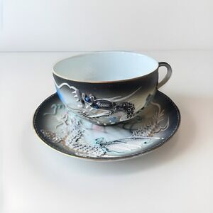 Vintage Japanese Geisha Lithophane Dragon Teacup Set Moriage Black